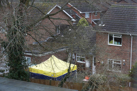 A police evidence tent is seen in a back garden on the road where former Russian inteligence agent Sergei Skripal lives, in Salisbury, Britain March 11, 2018. REUTERS/Henry Nicholls