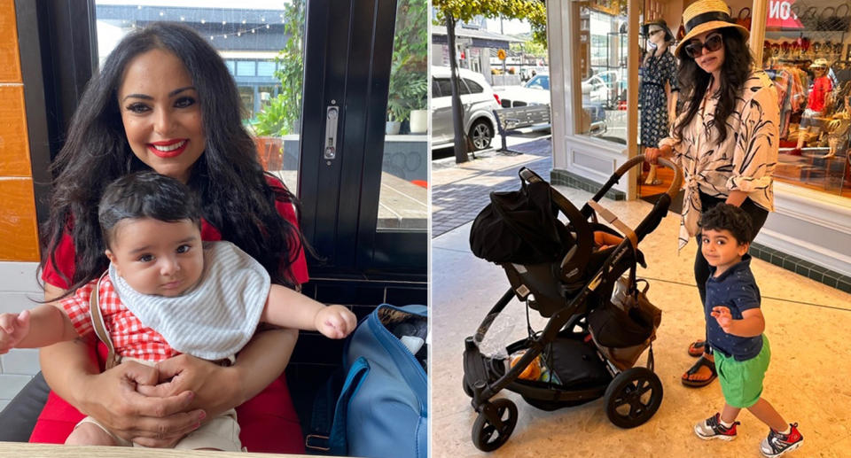 Miriam holds her baby (left) and walks with a pram and holding her toddlers hand (right).