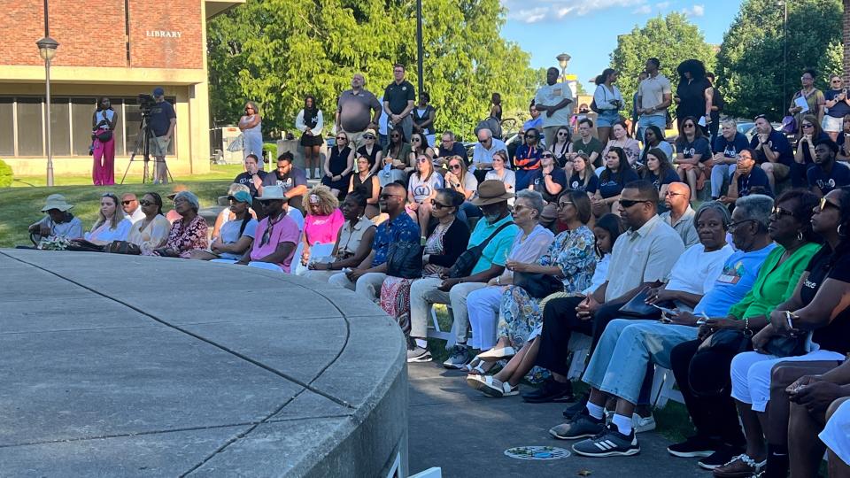 Family, friends and colleagues of Amber Morgan, 26, gathered for a vigil to honor the mother and teacher at Marian University, June 14, 2024.