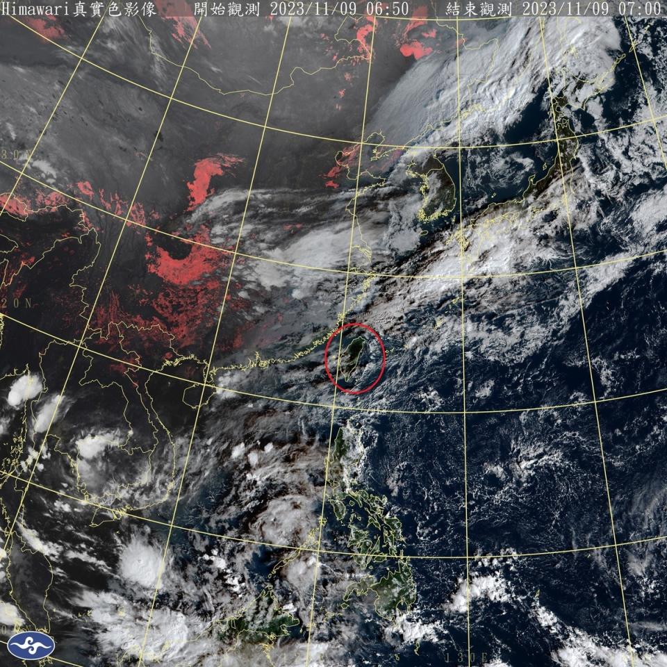 今天全台天氣大致是多雲到晴，只有東南部地區將有局部短暫雨，中國浙江的一道滯留鋒面正朝台灣接近中。   圖：中央氣象署／提供