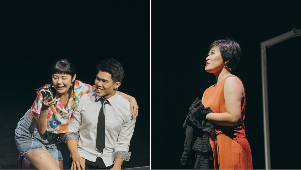 Audrey and her husband on a livestream video (left) and Bee Ling in Catfished play (Photos: The FLUX Media)