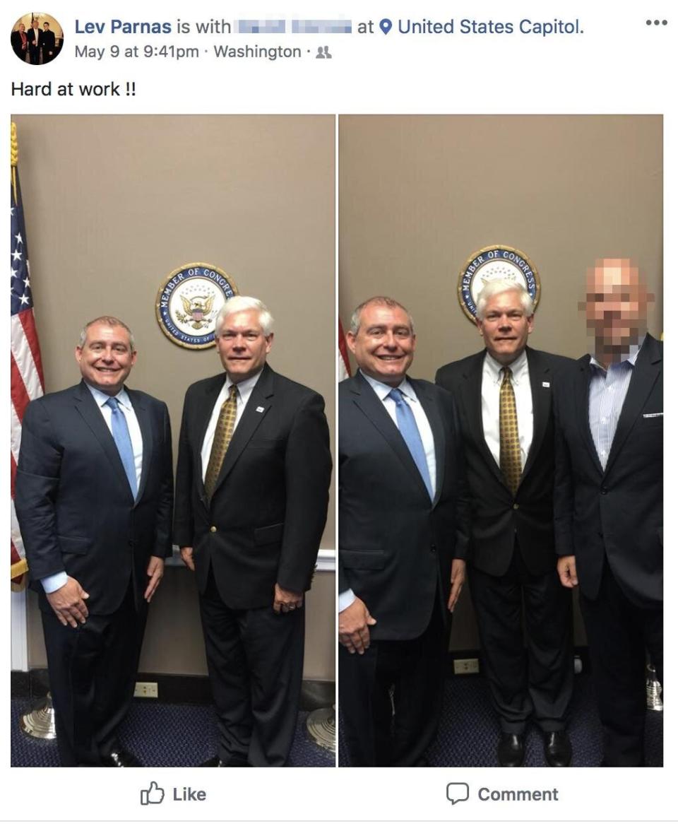 Lev Parnas meets with then-Rep. Pete Sessions (R-Texas) in May 2018. (Photo: <a href="https://www.occrp.org/en/investigations/meet-the-florida-duo-helping-giuliani-dig-dirt-for-trump-in-ukraine" target="_blank">Organized Crime and Corruption Reporting Project</a>)