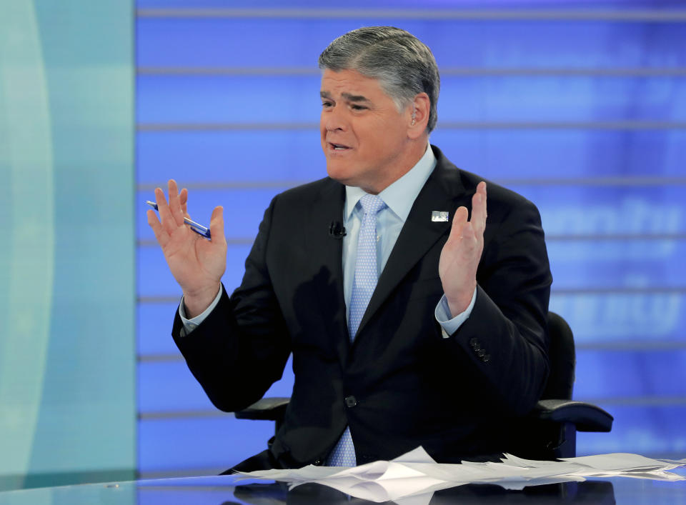 FILE - In this July 26, 2018, file photo, Fox News talk show host Sean Hannity talks during an interview during a taping of his show in New York. Bad news for President Donald Trump also means a tough time for his biggest media backer, Fox News’ Hannity. His ratings are down since the election, and his rivals are up. Still, Fox will finish as the top-rated network in all of basic cable for the third straight year. (AP Photo/Julie Jacobson, File)