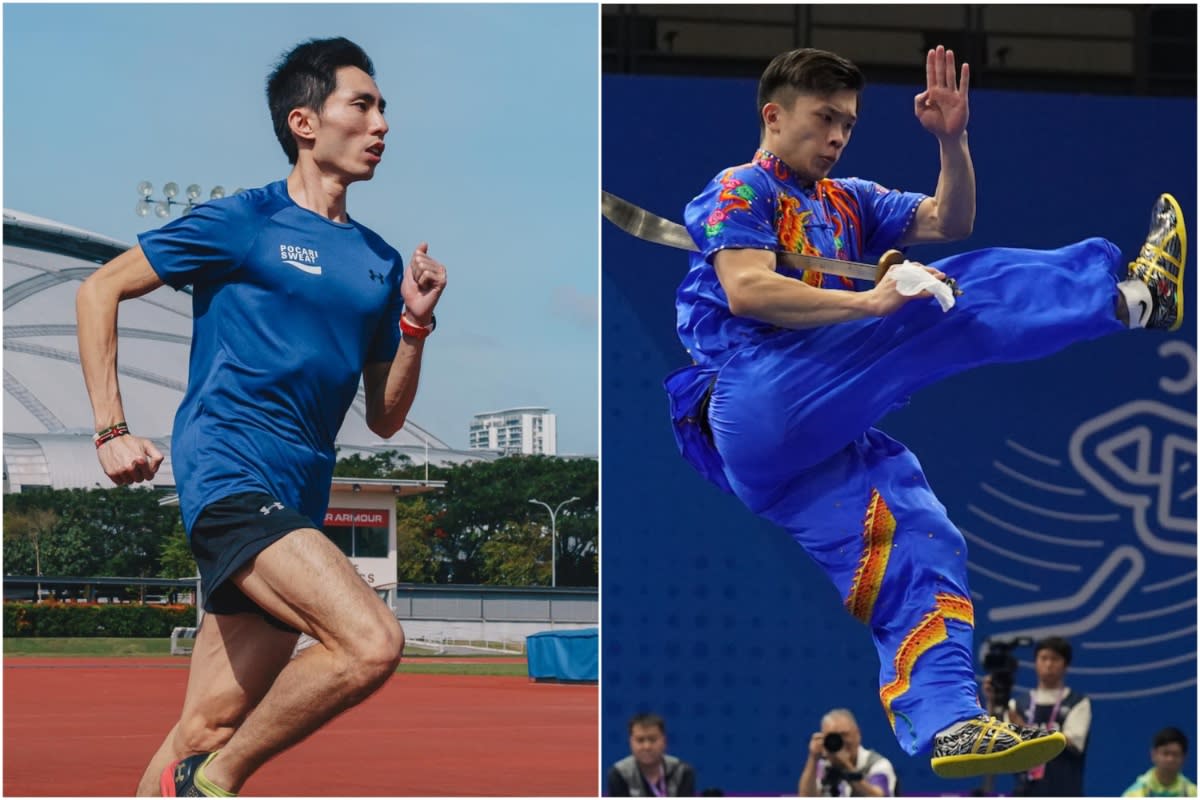 Marathoner Soh Rui Yong (left) sets two national records at the Valencia Half Marathon, while wushu athlete Jowen Lim clinched a silver medal at the World Combat Games. (PHOTOS: Facebook/Sport Singapore)