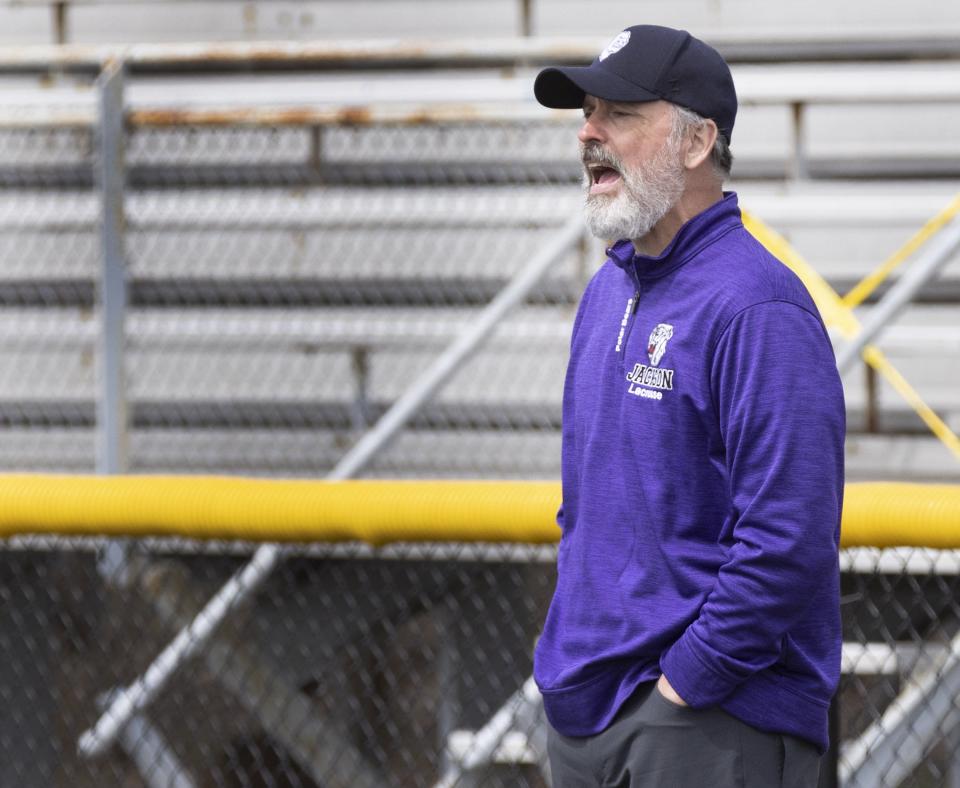 Jackson’s lacrosse head coach John Kroah during their game against Upper Arlington on Saturday, April 2, 2022.