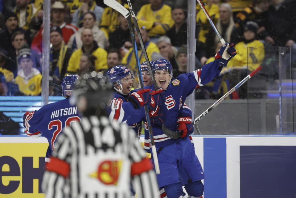 USA's Ryan Leonard celebrates scoring a goal during the IIHF World Junior Championship ice hockey final match between Sweden and USA at Scandinavium in Gothenburg, Sweden, Friday Jan. 5, 2024. (Adam Ihse/TT News Agency via AP)