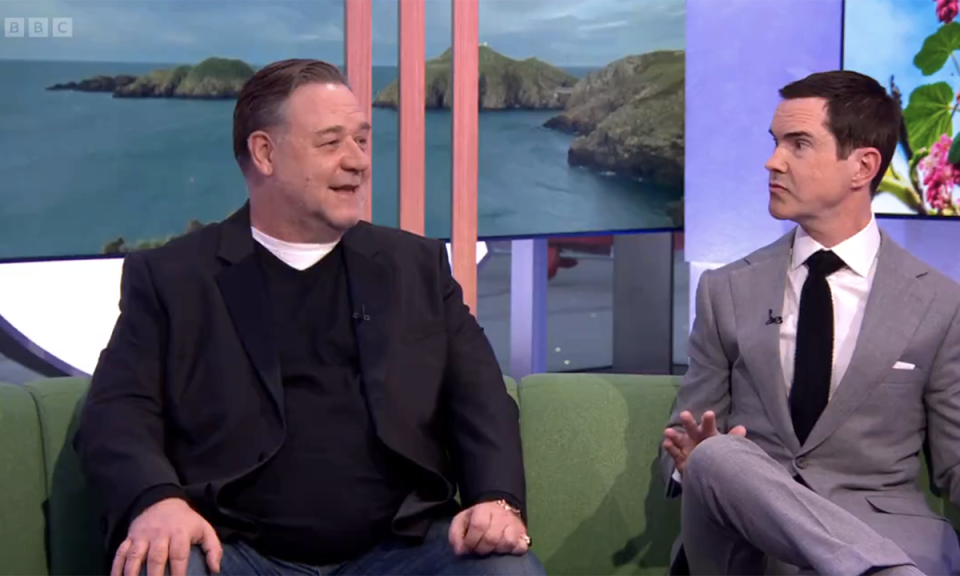 Russell Crowe and Jimmy Carr appeared on The One Show. (BBC Screengrab)