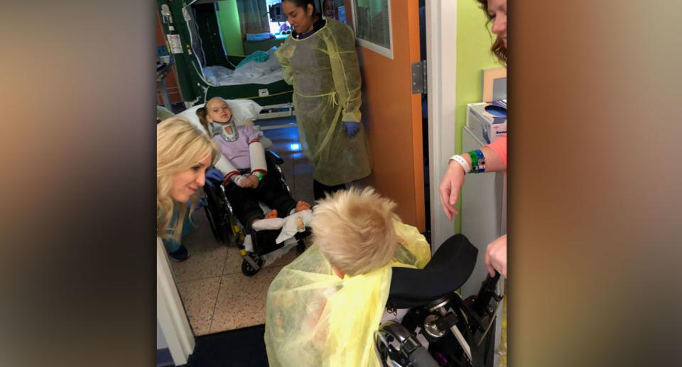 Wyatt and his big sister were able to greet each other for the first time on April 20. Source: Facebook/ Teresa Burrell