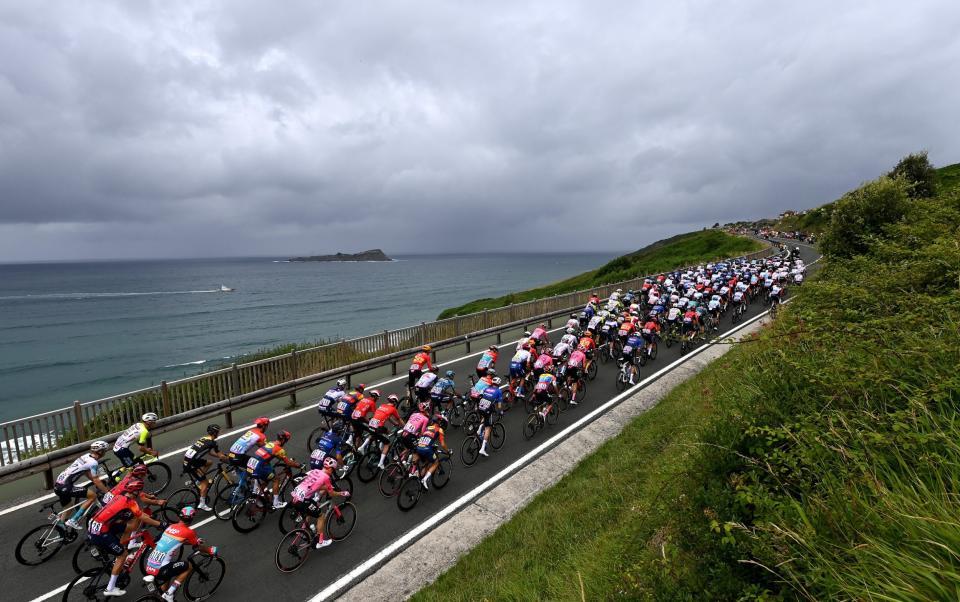 The peloton passing through the Islagoikoa landscape on the first stage of the 2023 Tour de France