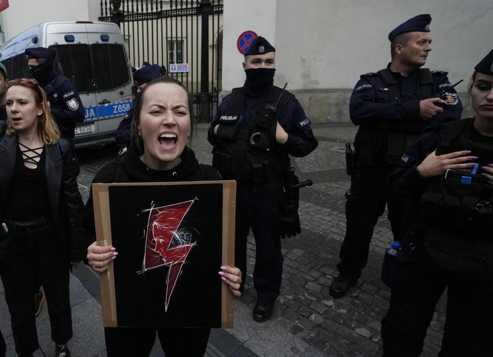 FILE - People protest Poland's restrictive abortion law in Warsaw, Poland, on June 14, 2023. A long-awaited parliamentary debate on liberalizing Poland's strict abortion law is scheduled to begin Thursday, March 11, 2024. The traditionally Catholic nation has one of the most restrictive laws in Europe — but the reality is that many women terminate pregnancies at home with pills sent from abroad. (AP Photo/Czarek Sokolowski, File)