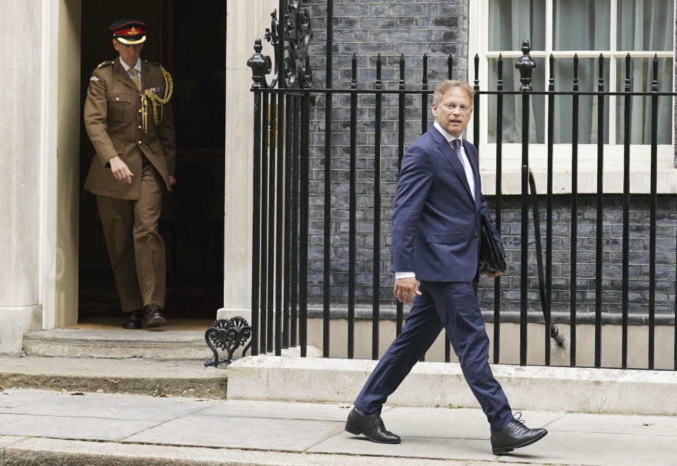 Grant Shapps leaves Downing Street after being appointed Defense Secretary in Britain's Prime Minister Rishi Sunak's mini-reshuffle, which was prompted by Ben Wallace's formal resignation, in London, Thursday, Aug. 31, 2023. (Stefan Rousseau/PA via AP)