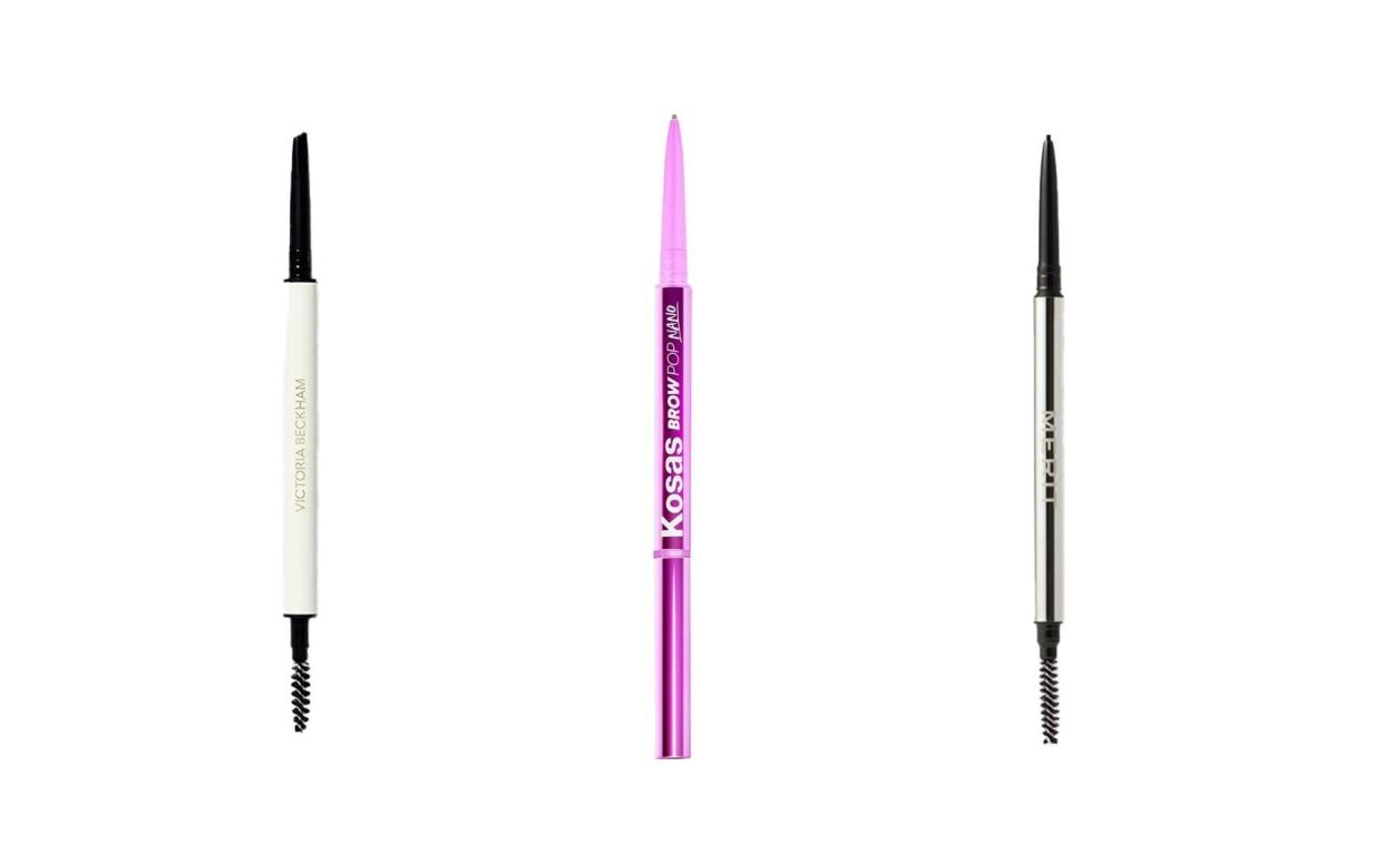 Victoria Beckham Baby Blade Microfine Brow Pencil, £32 in light brown, Kosas Brow Pop Nano Ultra-Fine Detailing Pencil in soft brown, and Merit Brow 1990 Sheer Gel Pencil in Taupe,