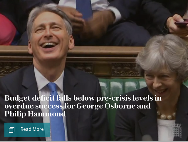 Budget deficit falls below pre-crisis levels in overdue success for George Osborne and Philip Hammond