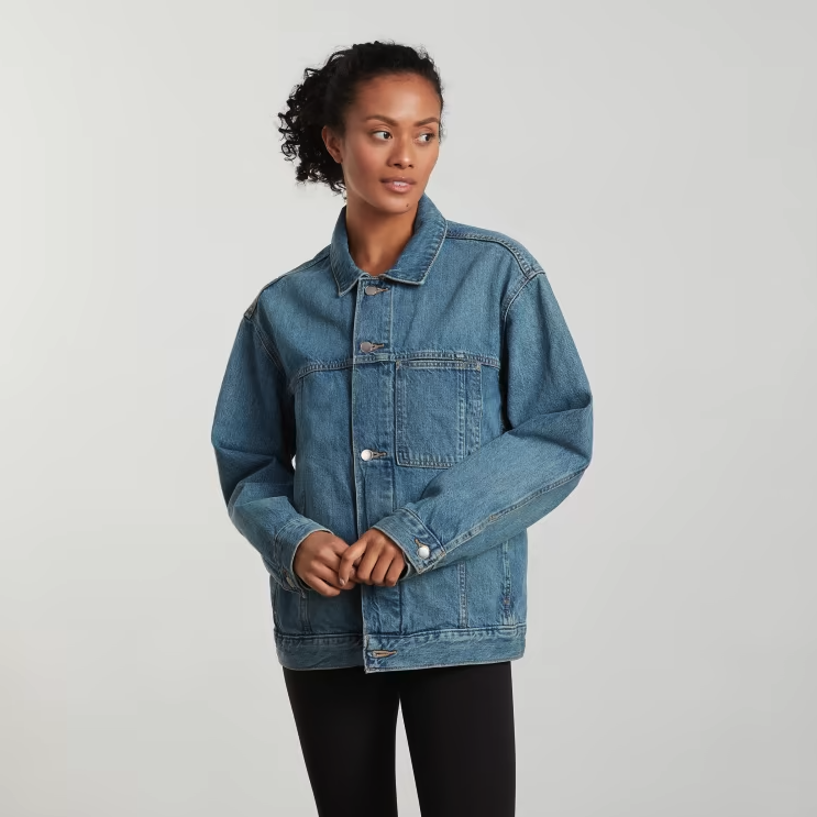 woman wears everlane The Everyone Denim Jacket light blue wash