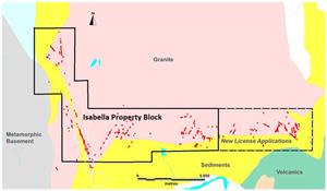 Isabella’s new license applications covering 7 km of granite-sediment contact hosting quartz veins (shown in red).