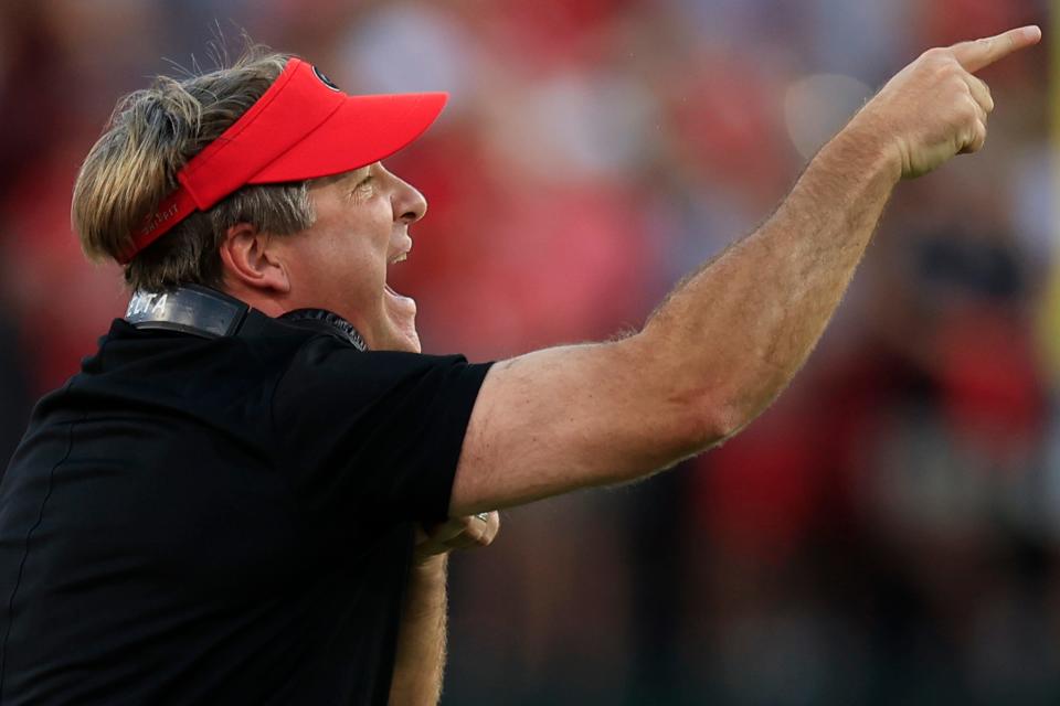 Georgia Bulldogs head coach Kirby Smart yells from the sideline during the third quarter of an NCAA Football game Saturday, Oct. 28, 2023 at EverBank Stadium in Jacksonville, Fla. Georgia defeated Florida 43-20. [Corey Perrine/Florida Times-Union]
