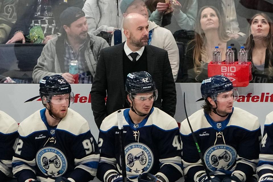 Feb 29, 2024; Columbus, Ohio, USA; Columbus Blue Jackets head coach Pascal Vincent watches during the second period of the NHL hockey game against the Carolina Hurricanes at Nationwide Arena.