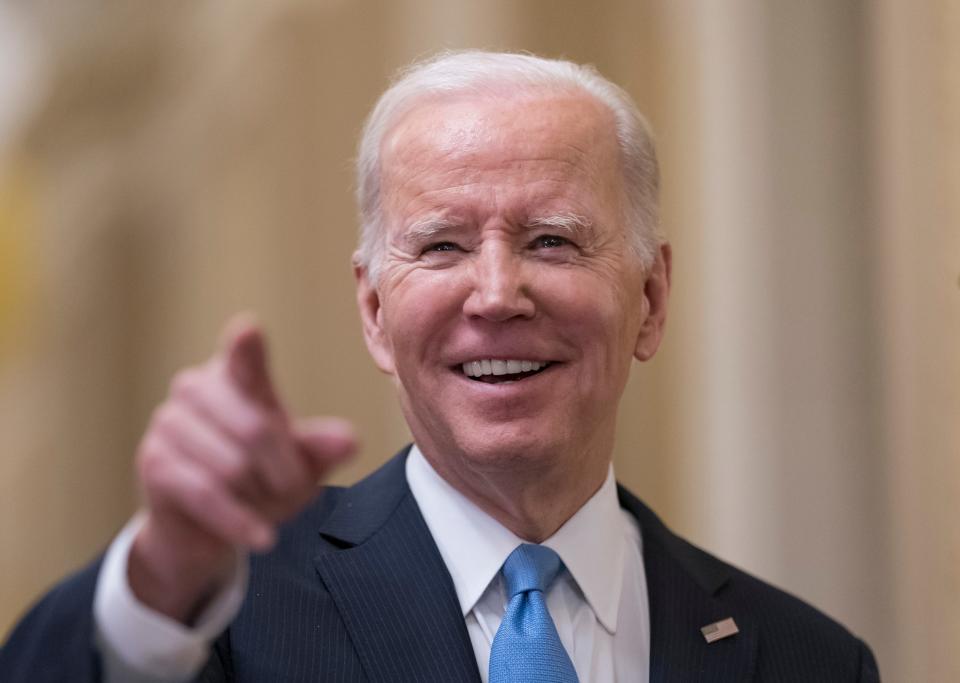 President Joe Biden talks to reporters after a lunch with Senate Democrats on his upcoming budget and political agenda, at the Capitol in Washington, Thursday, March 2, 2023.