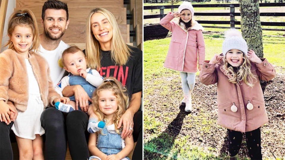 A 50-50 split image shows Trent Cotchin posing with his family on the left, and daughters Harper and Mackenzie on the right.