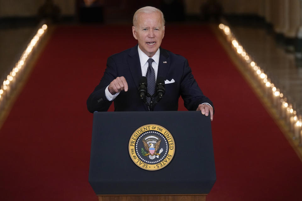 President Joe Biden speaks about the latest round of mass shootings, from the East Room of the White House in Washington, Thursday, June 2, 2022. Biden is attempting to increase pressure on Congress to pass stricter gun limits after such efforts failed following past outbreaks. (AP Photo/Evan Vucci)