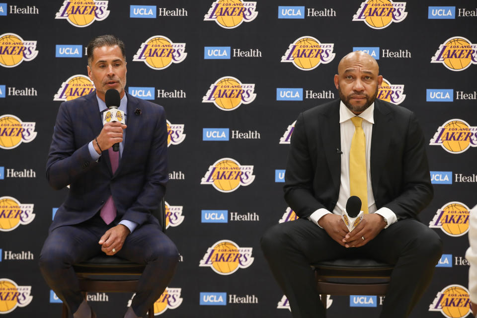 EL SEGUNDO, CA - JUNE 06: Vice President of Operations of the Los Angeles Lakers Rob Pelinka and Lakers coach Darvin Ham during the Darvin Hams introductory press conference on June 06, 2022, at the UCLA Health Training Center in El Segundo, CA. (Photo by Jevone Moore/Icon Sportswire via Getty Images) LeBron James