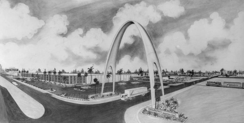 An illustration of the Arch Of Industry off the Palmetto Expressway. The 120-foot arch was constructed by Gemcote International Inc. of Fort Lauderdale and is made of reinforced concrete. A plastic material with marble chips was sprayed on the surface to give it a golden, glittering surface. The spray process was developed by Richard A. Weir and Scott Campbell of Fort Lauderdale.