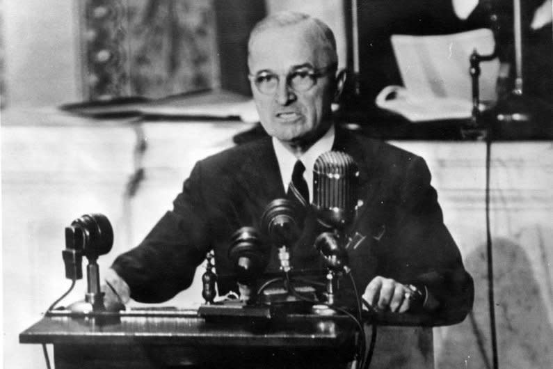 President Harry Truman addresses a joint session of Congress on March 12, 1947, asking for aid to Greece and Turkey as part of what would come to be known as the Truman Doctrine. File Photo courtesy of the Harry S. Truman Library & Museum