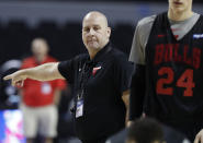 Chicago Bulls coach Jim Boylen directs his players during a basketball practice at Mexico City Arena in Mexico City, Wednesday, Dec. 12, 2018. The Bulls will face Orlando Magic Thursday in the first of two 2018 regular-season NBA games to be played in the high-altitude Mexican capital. (AP Photo/Rebecca Blackwell)