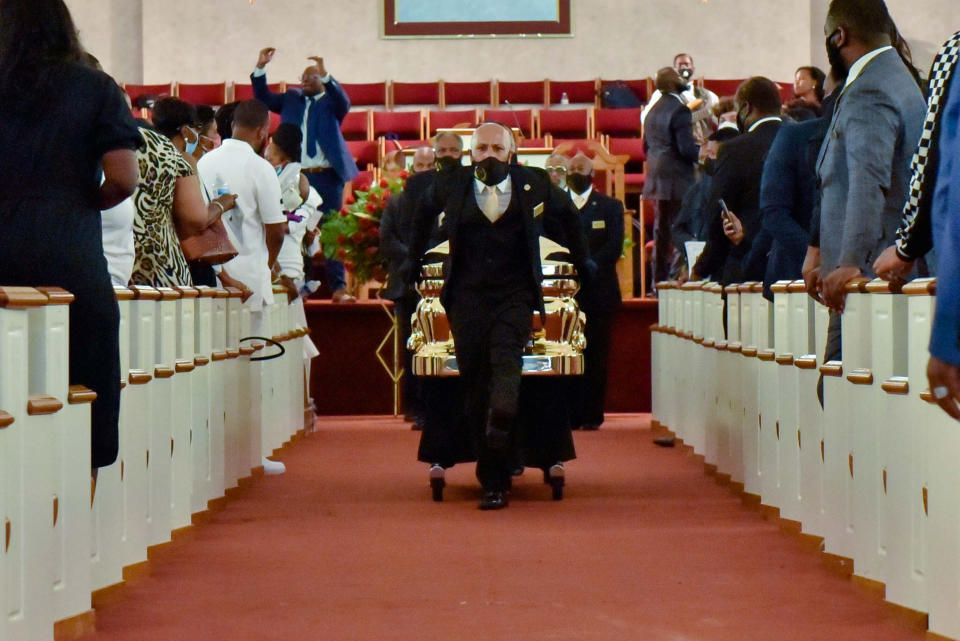 The casket is moved at the conclusion of the George Floyd Memorial at R.L Douglas Cape Fear Conference B - United American Free Will Baptist Denomination in Raeford, N.C. (Photo: POOL New / Reuters)