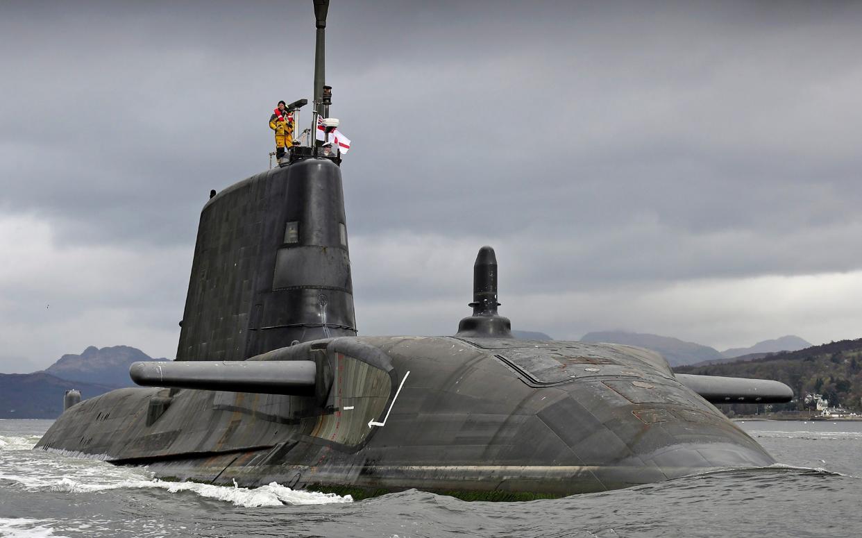 HMS Astute, name ship of her class, sails from the Faslane naval base. Successors to the Astute class, built under the Aukus pact, will operate from a base in Australia to guarantee security in the Indo-Pacific