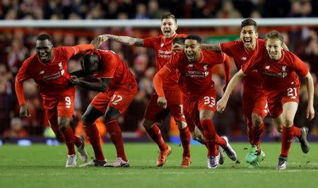 Football Soccer - Liverpool v Stoke City - Capital One Cup Semi Final Second Leg - Anfield - 26/1/16 Liverpool celebrate after Joe Allen (not pictured) scores the penalty to win the penalty shootout Action Images via Reuters / Carl Recine Livepic EDITORIAL USE ONLY.