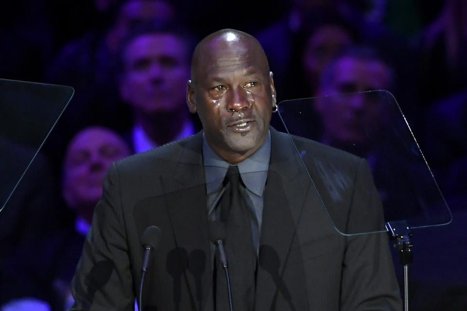 Michael Jordan speaks during the Celebration of Life for Kobe &amp; Gianna Bryant on Monday at the Staples Center in Los Angeles. (Photo: Kevork Djansezian via Getty Images)