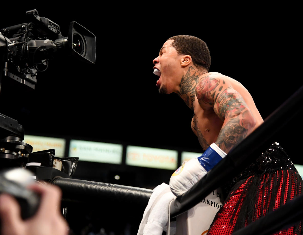 CARSON, CA - FEBRUARY 09: Gervonta Davis  (red shorts) celebrates after knocking out Hugo Ruiz (not pictured) in the first round of their WBA Super Featherweight Championships fight at StubHub Center on February 9, 2019 in Carson, California. (Photo by Jayne Kamin-Oncea/Getty Images)