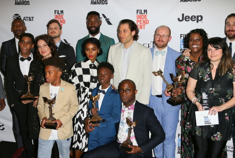 The cast of Moonlight poses in the press room at the 2017 Film Independent Spirit Awards, in Santa Monica, California, on February 25, 2017