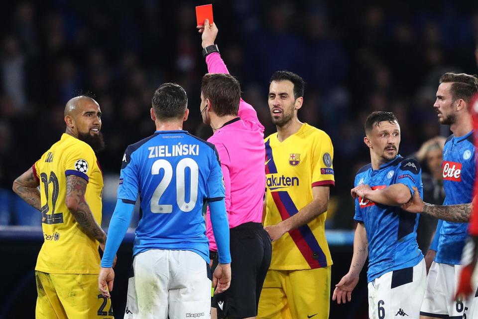 Suspended: Barcelona midfielder Arturo Vidal was sent off against Napoli (Getty Images)
