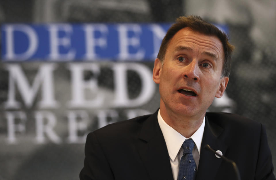 Britain's Foreign Secretary Jeremy Hunt speaks during a Foreign Ministers G7 meeting in Dinard, Brittany, Friday, April 5, 2019. Hunt has launched a media freedoms campaign alongside international human rights lawyer Amal Clooney from the sidelines of the Group of Seven foreign ministers' meeting in the French Atlantic resort of Dinard. (AP Photo/David Vincent)