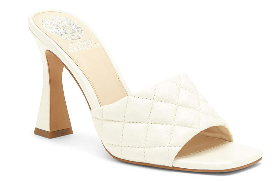 vince camuto, white mules, heels, sandals, square toe