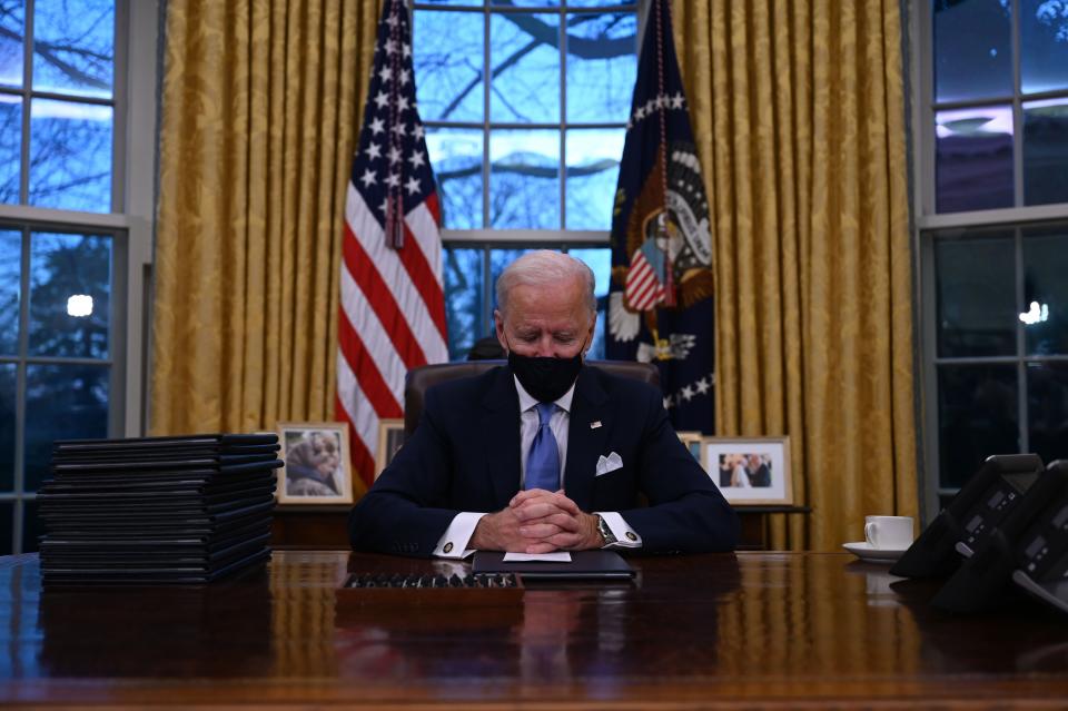 <p>Joe Biden says Donald Trump left him a ‘very generous’ letter in Oval Office.</p> (JIM WATSON/AFP via Getty Images)