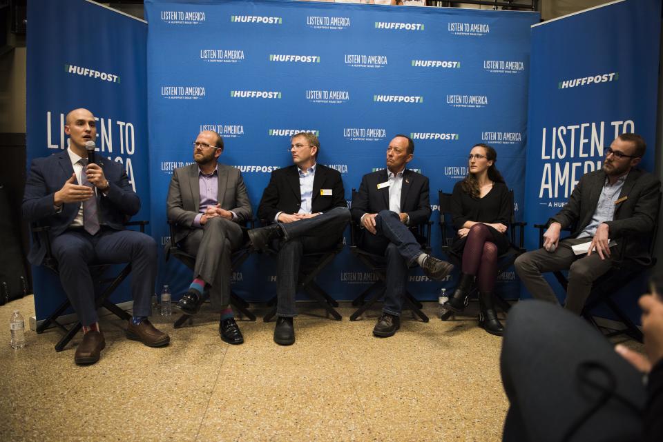 Moderator Seth Klamann, along with panelists Dicky Shanor, Dirk Andrews, Chris Rothfuss, Bill Landen and Rachael Schuh, take part in the event "When the Money Runs Out: Funding Schools in a Post-Bust Economy" at Frontier Brewing and Taproom on Oct. 13, 2017.