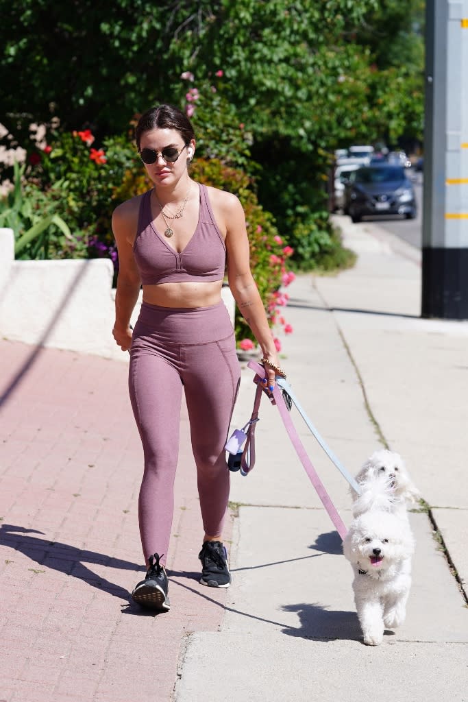 Lucy Hale walks her dogs on April 25, 2022. - Credit: JOCE/Bauergriffin.com / MEGA