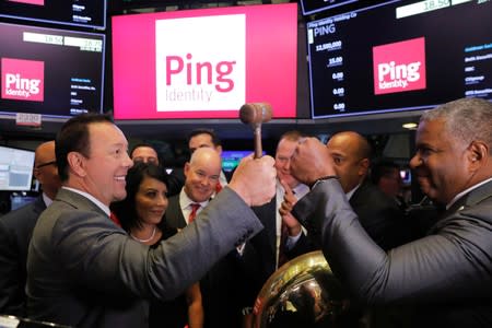 Ping CEO Andre Durand celebrates the IPO of Ping on the floor of the New York Stock Exchange in New York