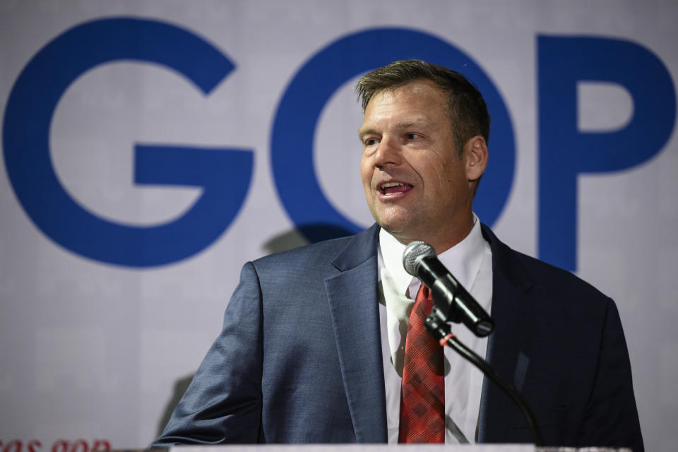 Kris Kobach, Republican candidate for attorney general of Kansas, gives a victory speech at at the Republican watch party in Topeka, Kan., Tuesday, Nov. 8, 2022. (AP Photo/Reed Hoffmann)