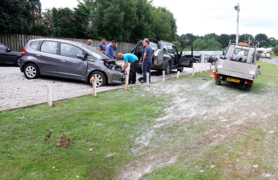 <em>Monks lost control of his Vauxhall Vectra, and crashed into Andrew Toms Car Sales (SWNS)</em>