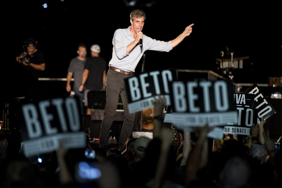 Beto O'Rourke speaks to the crowd at his Turn out For Texas Rally, featuring a concert by Wille Nelson, in Austin, Texas on Sept. 29, 2018. (Photo: Bill Clark via Getty Images)