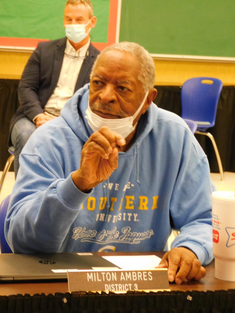 St. Landry School Board member Milton Ambres discusses the situation at Morrow Elementary on Monday night.