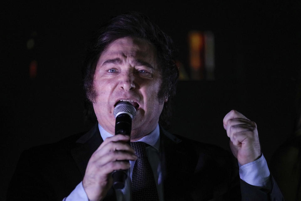 Candidate of the Liberty Advances coalition Javier Milei speaks to supporters outside his campaign headquarters after winning the presidential runoff election in Buenos Aires, Argentina, Sunday, Nov. 19, 2023. (AP Photo/Rodrigo Abd)