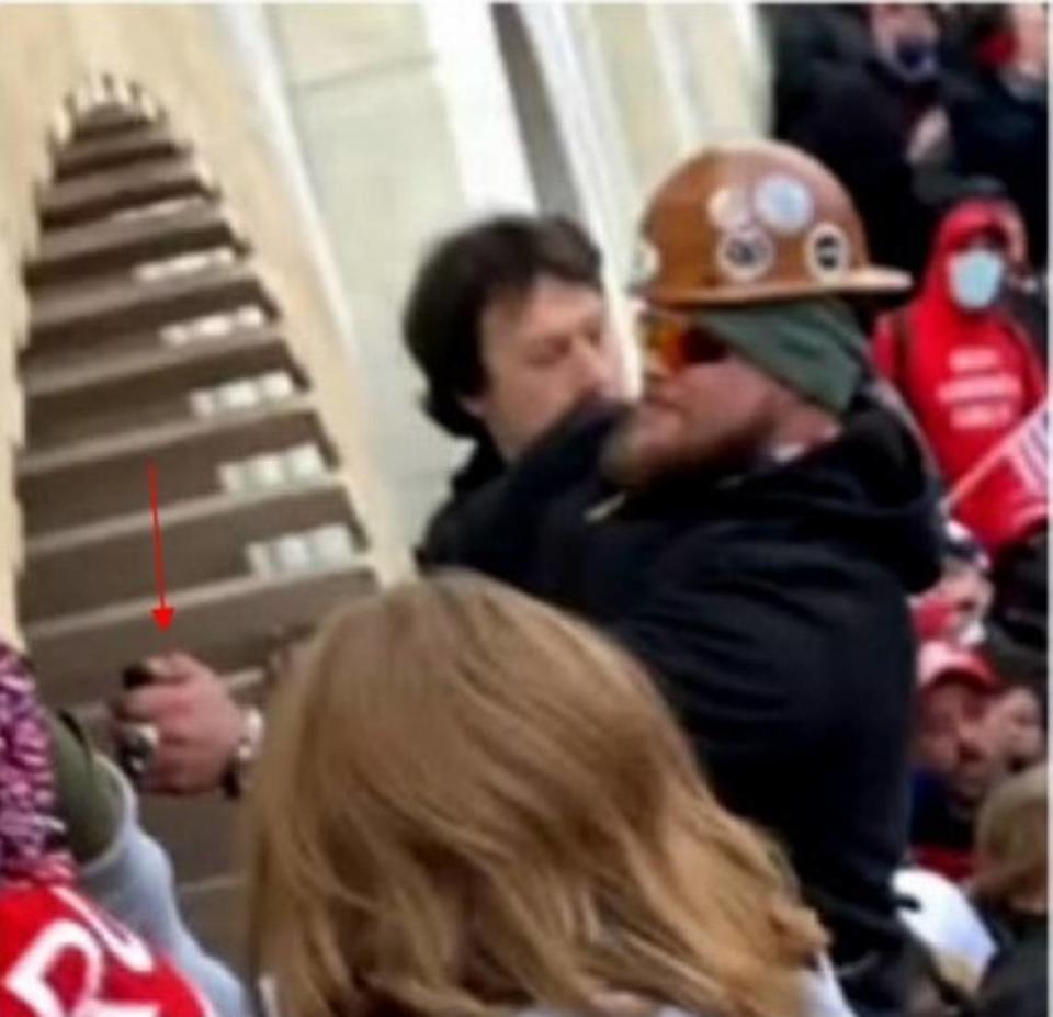 Former Fort Bragg soldier James Mault, fires a chemical spray at police at the U.S. Capitol on Jan. 6, 2021. On Friday, July 15, 2022, Mault was sentenced to 44 months – one of the longest prison sentences handed down so far in the prosecution of the riot.