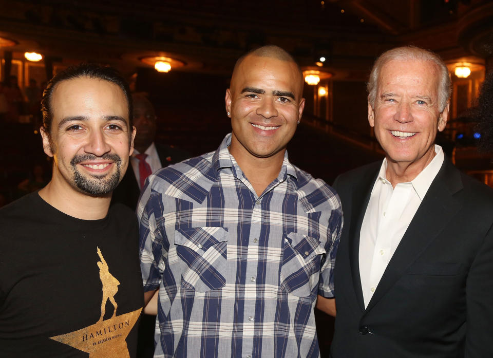 NEW YORK, NY - JULY 27:  (L-R) Lin-Manuel Miranda (plays 'Alexander Hamilton'), Christopher Jackson (plays 'George Washington') and Vice President of the United States Joe Biden pose backstage at the hit new musical 'Hamilton' on Broadway at The Richard Rogers Theater on July 27, 2015 in New York City.  (Photo by Bruce Glikas/FilmMagic)