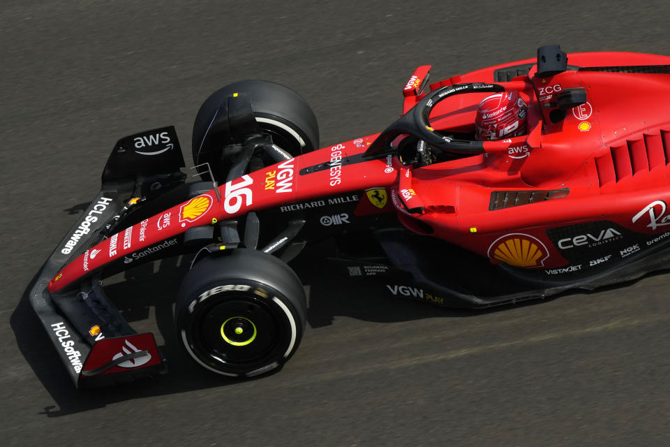 Ferrari driver Charles Leclerc of Monaco steers his car during the Formula One Grand Prix at the Baku circuit in Baku, Azerbaijan, Sunday, April 30, 2023. (AP Photo/Sergei Grits)