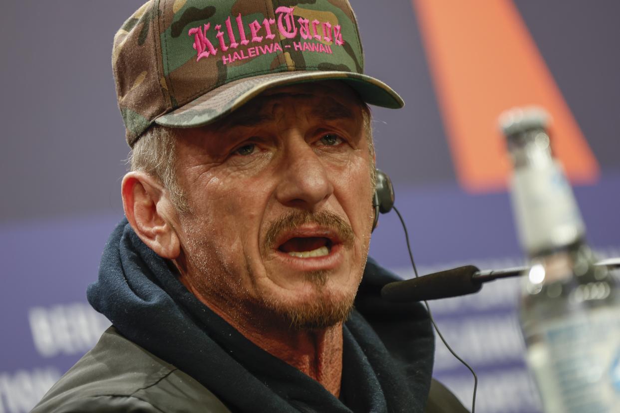 Sean Penn speaks at the press conference for the film 'Superpower' during the International Film Festival 'Berlinale', in Berlin, Germany, Saturday, Feb. 18, 2023. (Photo by Joel C Ryan/Invision/AP)